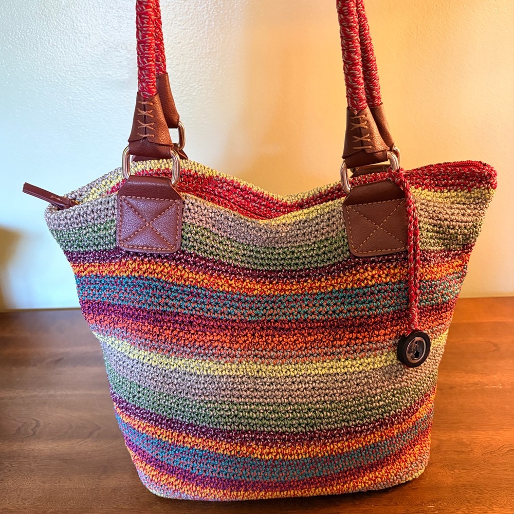 The Sak crotcheted striped large shoulder bag- lined w/ lots of inside pockets